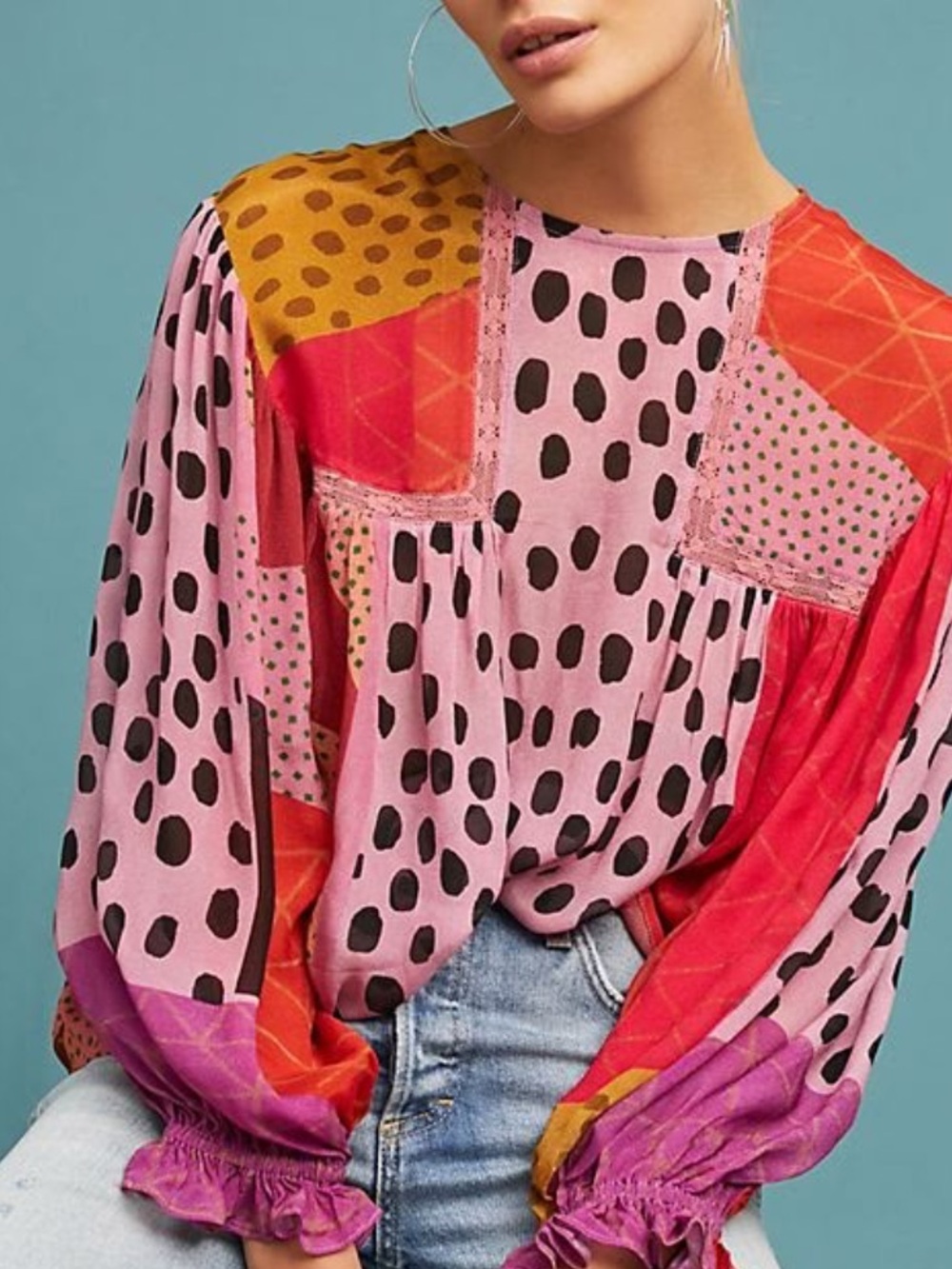 Pink Patchwork-Print Long Sleeve Blouse